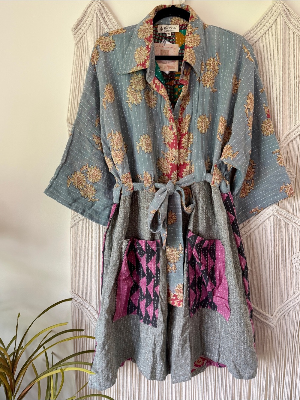 Kantha Bae Zen Romper Shortall Pink/Grey Vintage Sari Cotton Kantha Pants OS NWT